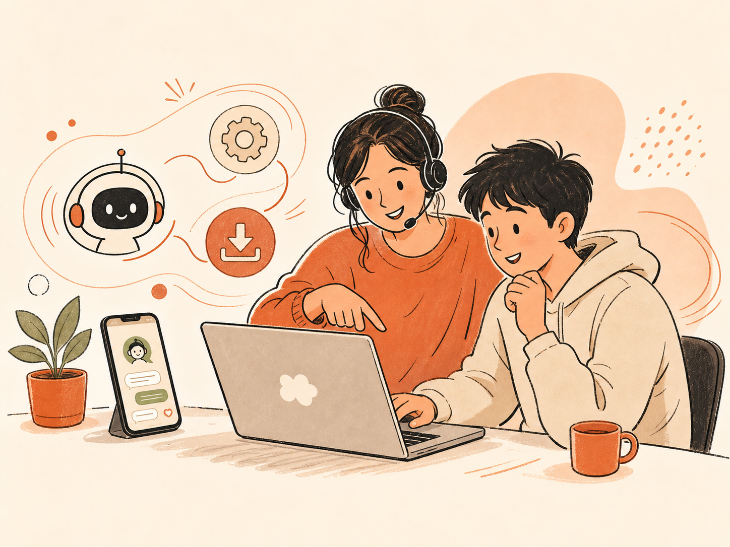 客服帮助新手安装 AI 工具的手绘插画